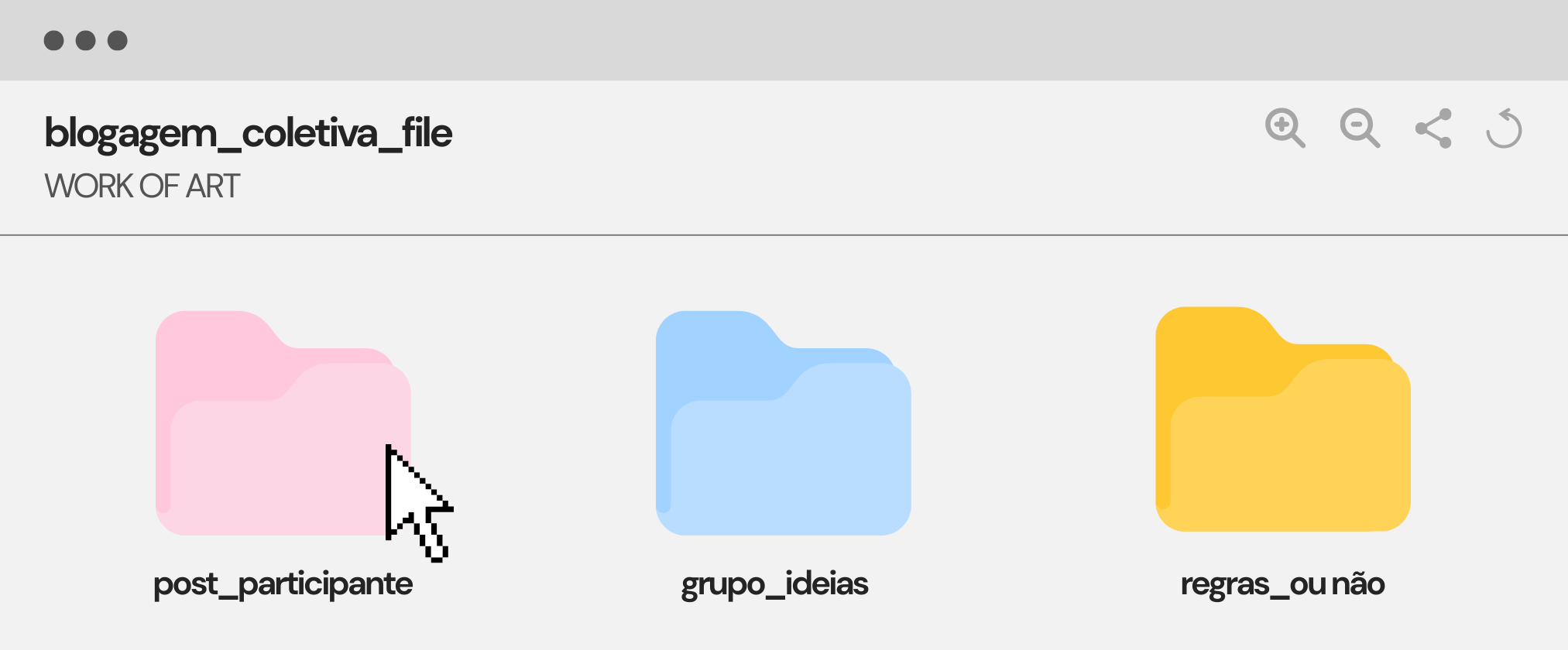anner com layout de interface de computador em tons claros. Na parte superior, aparece um cabeçalho cinza com o título “blogagem_coletiva_file” e, logo abaixo, o subtítulo “WORK OF ART”. Abaixo do cabeçalho, há três pastas digitais ilustradas, lado a lado: uma pasta rosa com o nome “post_participante”, uma pasta azul com o nome “grupo_ideias” e uma pasta amarela com o nome “regras_ou não”. Um cursor grande, em formato de seta, está posicionado sobre a pasta rosa.